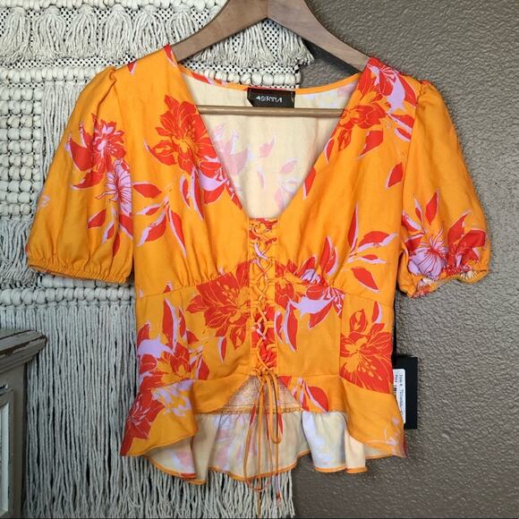 4Si3NNA Lace Up Orange Floral Tristan Top - Picture 1 of 6